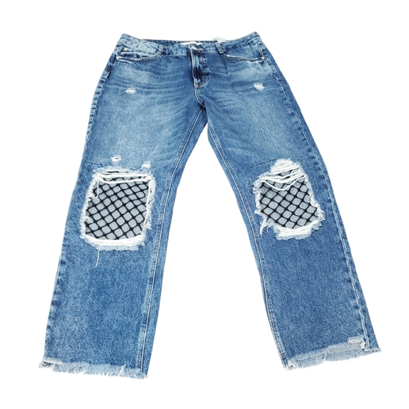 Zara Women's High Rise Raw Hem Denim Fish Net Ripped Cropped Blue Jeans Size 10 - Picture 4 of 12